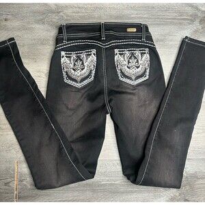 Silver Diva Black Skinny Jeans Women's Sz 3 Rhinestone Embellished Thick Stitch
